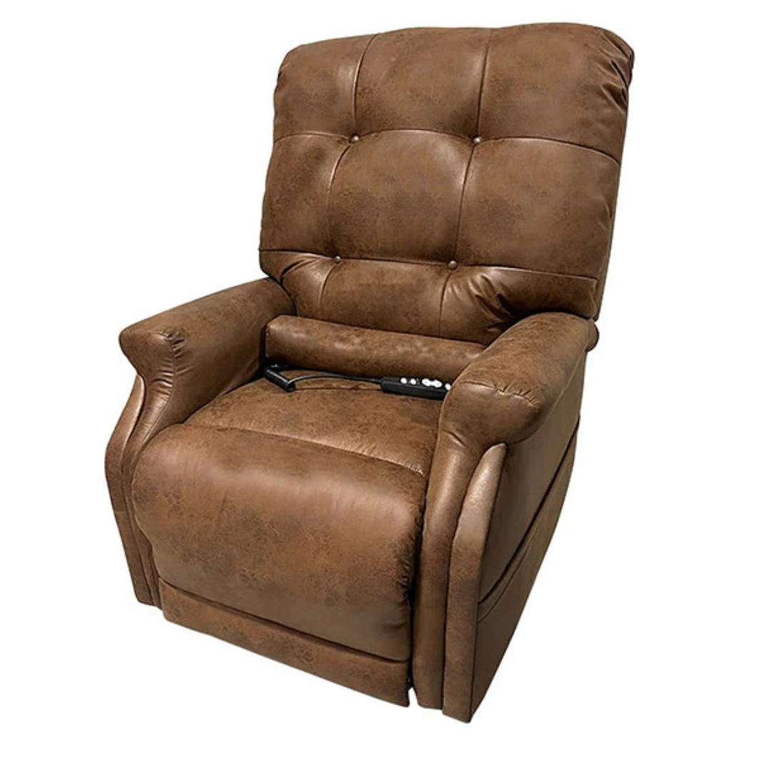The Journey Perfect Sleep Reclining Lift Chair with Heat is a brown leather chair featuring a tufted backrest, padded armrests, and side control panel for adjustable reclining. It offers therapeutic heat, massage options, and ultimate comfort with its distressed vintage leather finish.